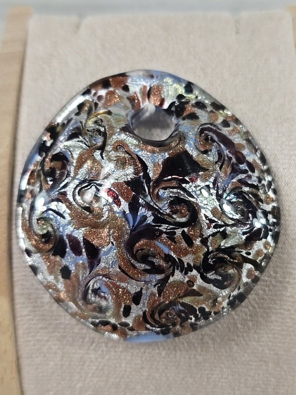 VENETIAURUM Italy Artisan Glass Pendant Black Silver Copper Swirl Pattern ......
